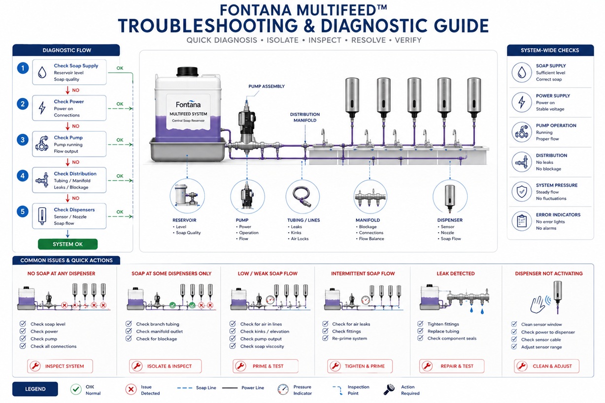 Fontana MultiFeed soap dispensing system troubleshooting and diagnostic engineering guide